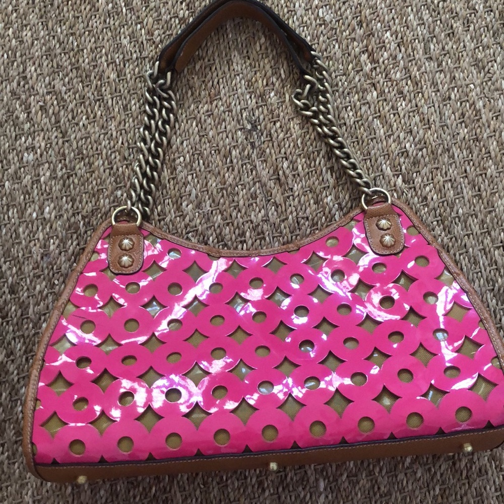 Eric Javits pink patent leather and mesh cut out bag chain and leather straps